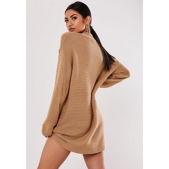 Camel High Neck Ribbed Mini Dress - Picture 3 of 4